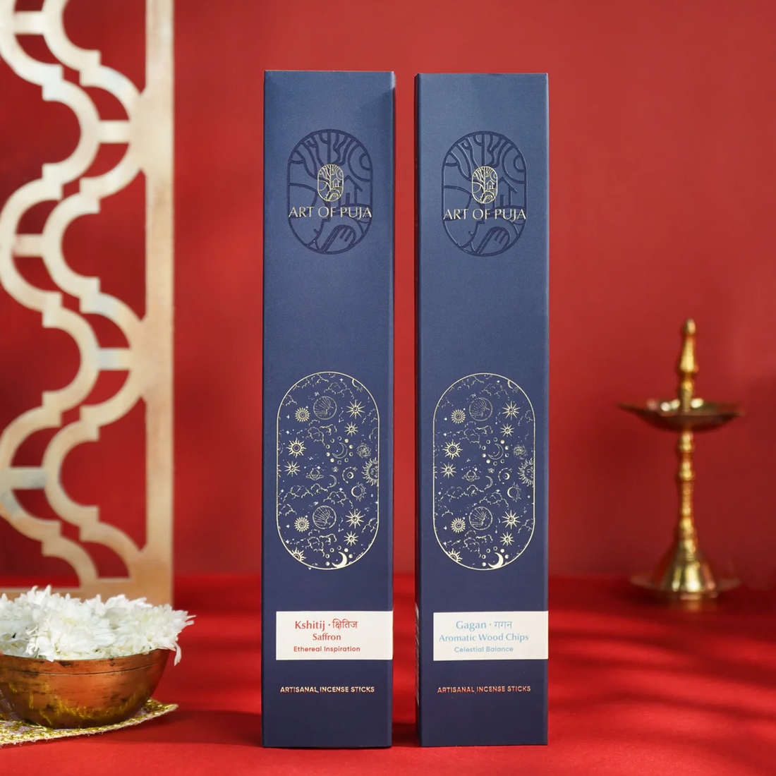 Savera Artisanal Incense Sticks (Combo Pack of 2) | Kshitij (Saffron) & Gagan (Aromatic Wood Chips)