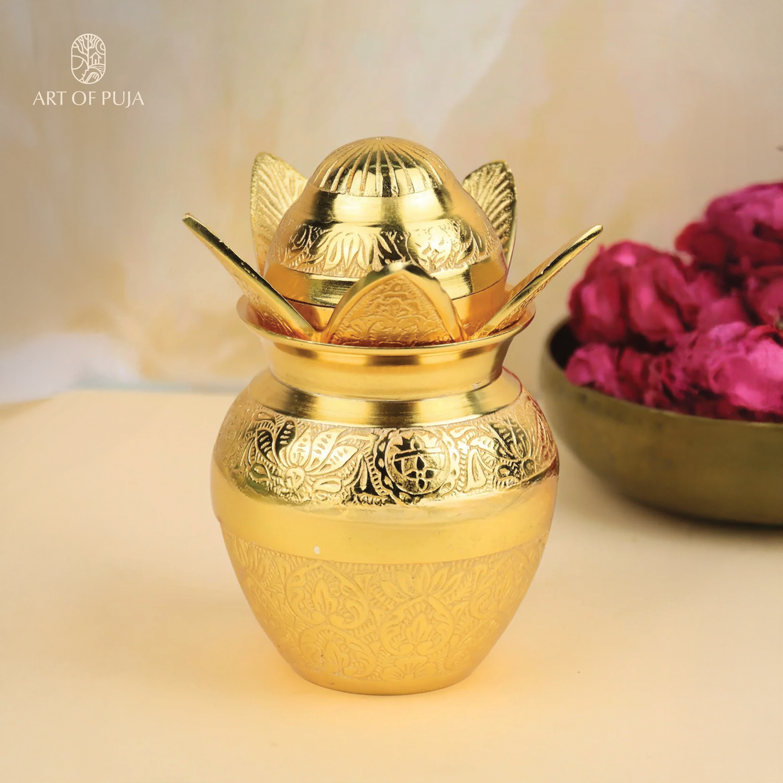 Brass Kalash with Nariyal & Lotus Leaves Lid – A Symbol of Shubh Aagman