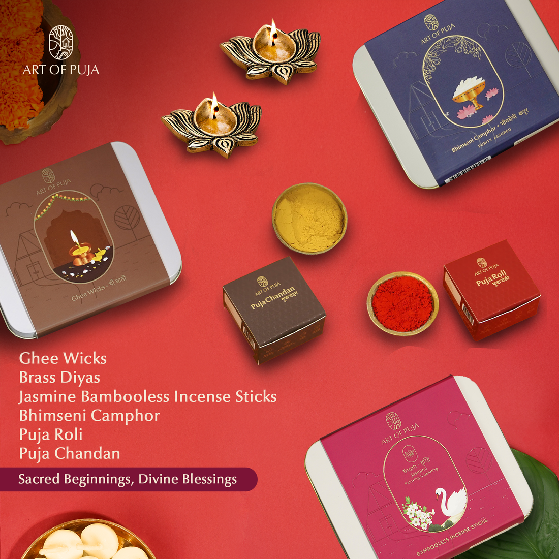 Ganesh Puja Combo | Ghee Wicks, Brass Diyas, Jasmine Incense, Bhimseni Camphor, Puja Roli & Chandan