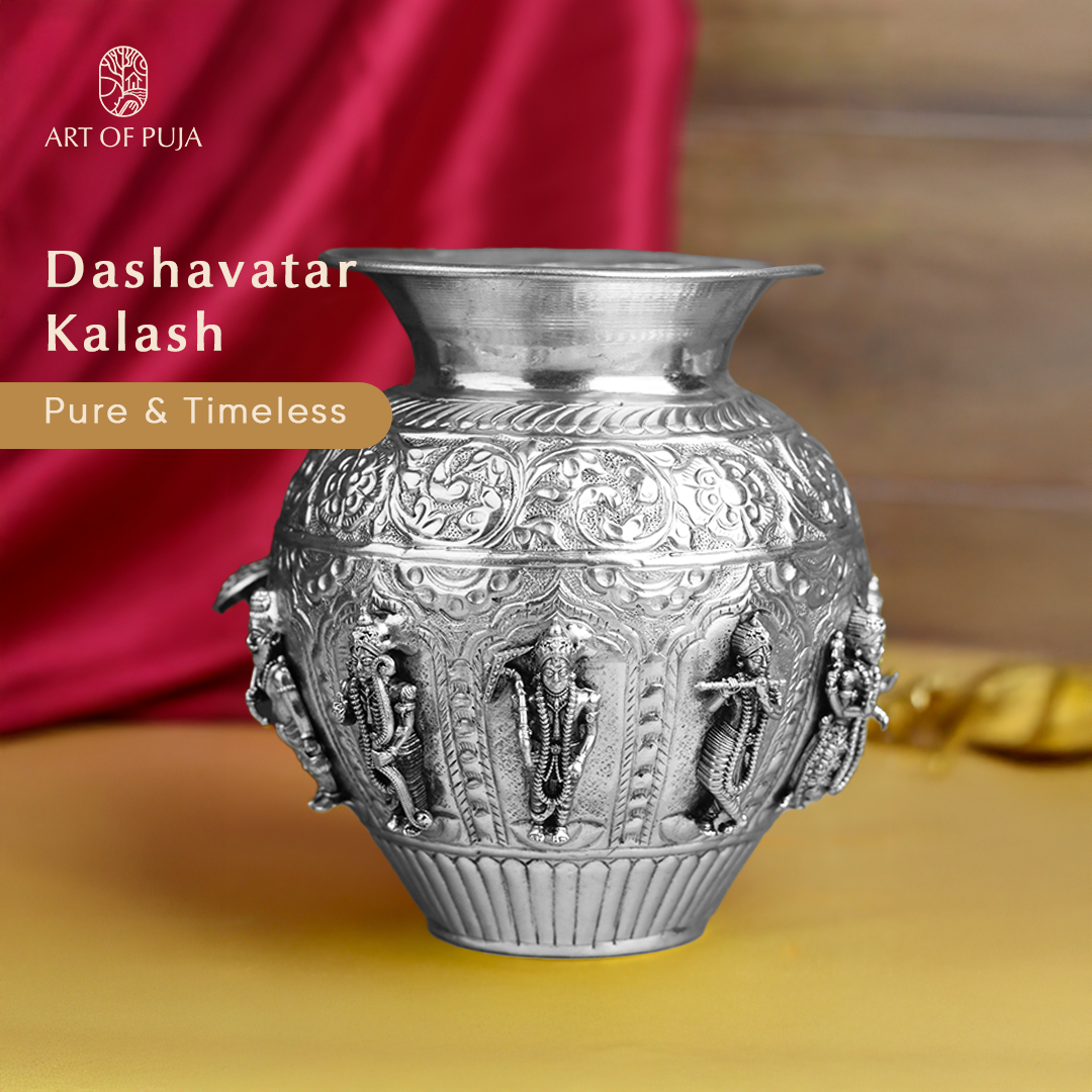 Vishnu Dashavatar Kalash  – Ten Incarnations of Vishnu - Brass - Silver Antique Polish
