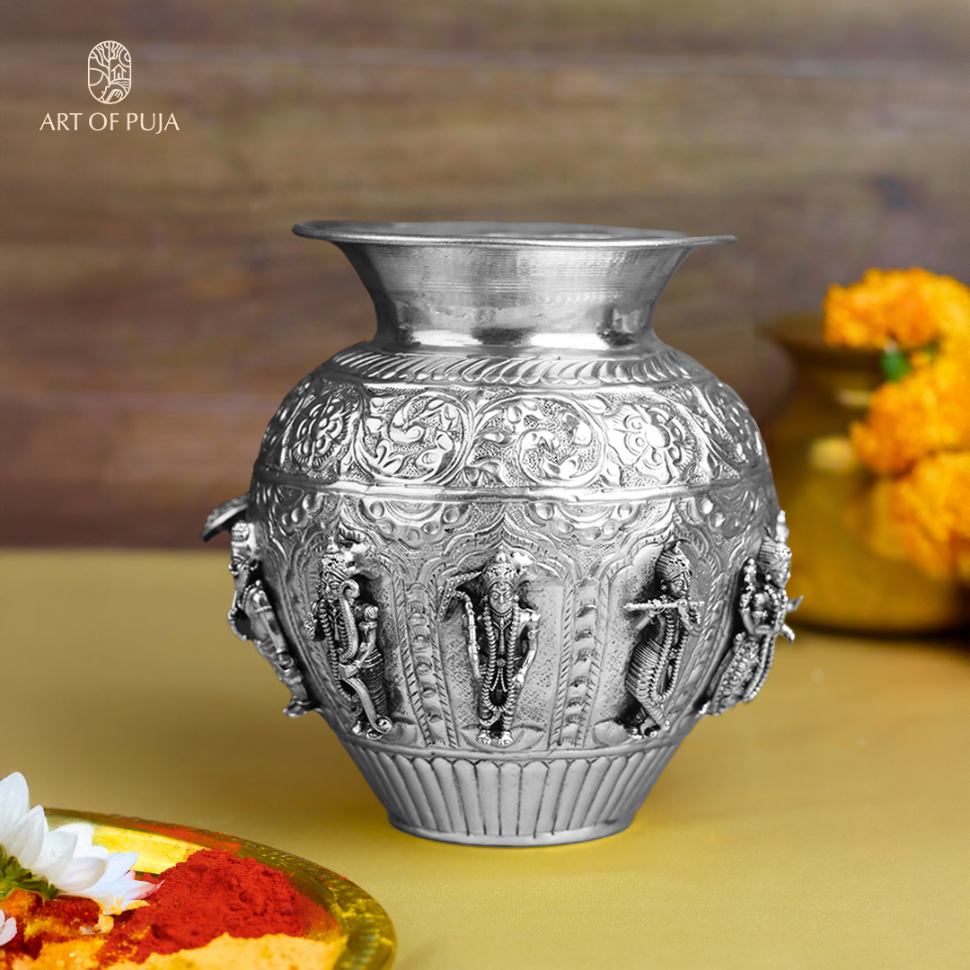 Vishnu Dashavatar Kalash  – Ten Incarnations of Vishnu - Brass - Silver Antique Polish