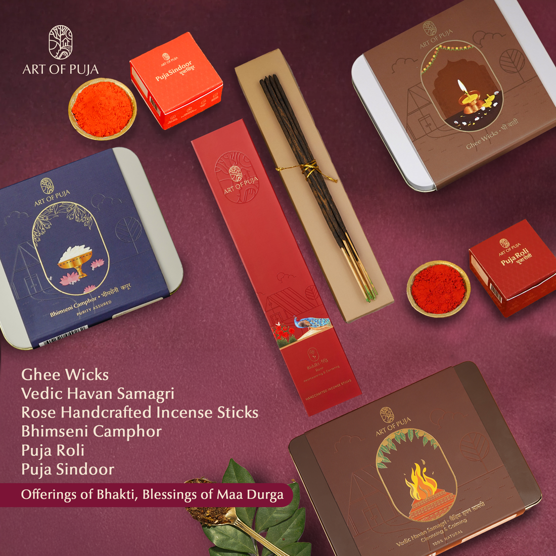 Durga Puja Combo |  Ghee Wicks, Vedic Havan Samagri, Rose Incense, Bhimseni Camphor, Puja Roli & Sindoor