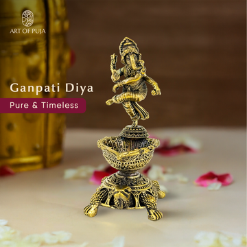 Brass Ganpati Diya | Dancing Ganesha with Kurma Base | Spiritual Oil Lamp for Puja, Vastu & Home Temple | 4 inch