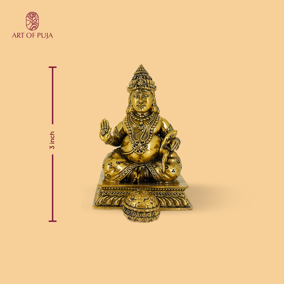 Brass Kuber Idol | Lord Kuber Statue for Wealth, Prosperity, Abundance & Home Temple Puja | 3 inch
