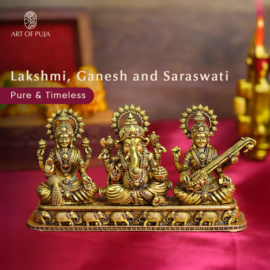 Brass Lakshmi Ganesha Saraswati Idol Set – Divine Trio Statue for Puja, Home Temple, Diwali & Auspicious Gifting