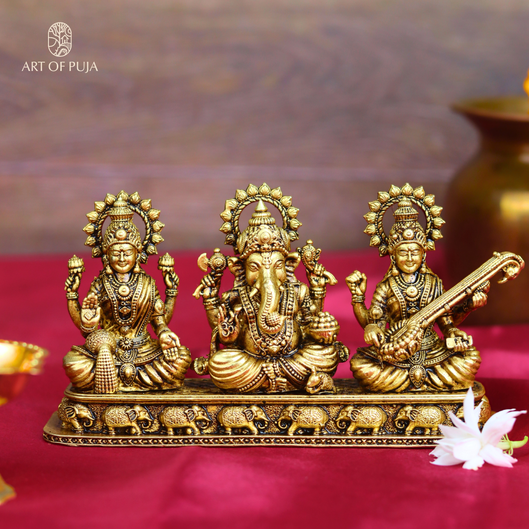 Brass Lakshmi Ganesha Saraswati Idol Set – Divine Trio Statue for Puja, Home Temple, Diwali & Auspicious Gifting