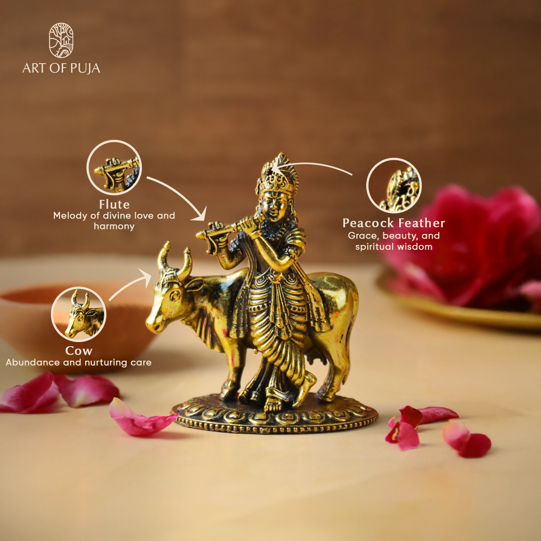Brass Krishna with Cow Idol | Lord Krishna Murti Playing Flute with Nandi | Spiritual Statue for Puja, Home Temple & Gifting | 3 inch