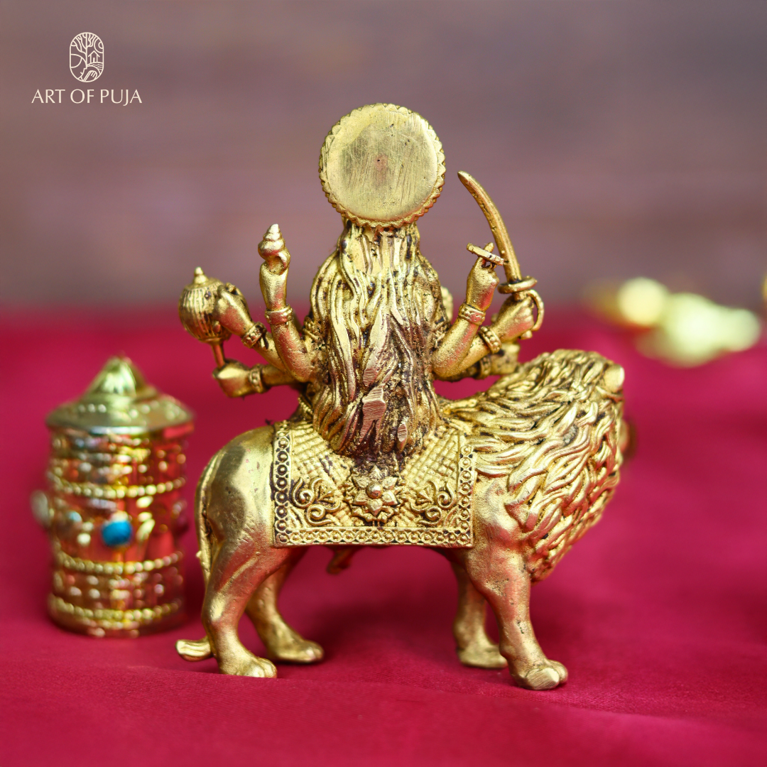 Brass Durga Idol on Lion | Maa Durga Statue for Navratri Puja, Home Temple & Gifting | 4 inches