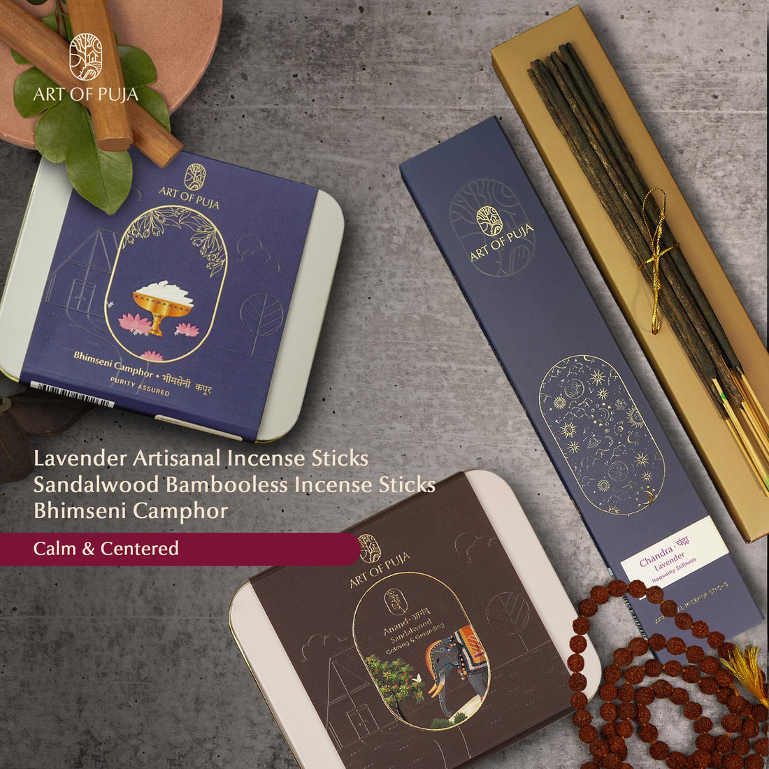 Mental Peace Combo Pack – Lavender Incense, Sandalwood Bambooless Sticks & Bhimseni Camphor
