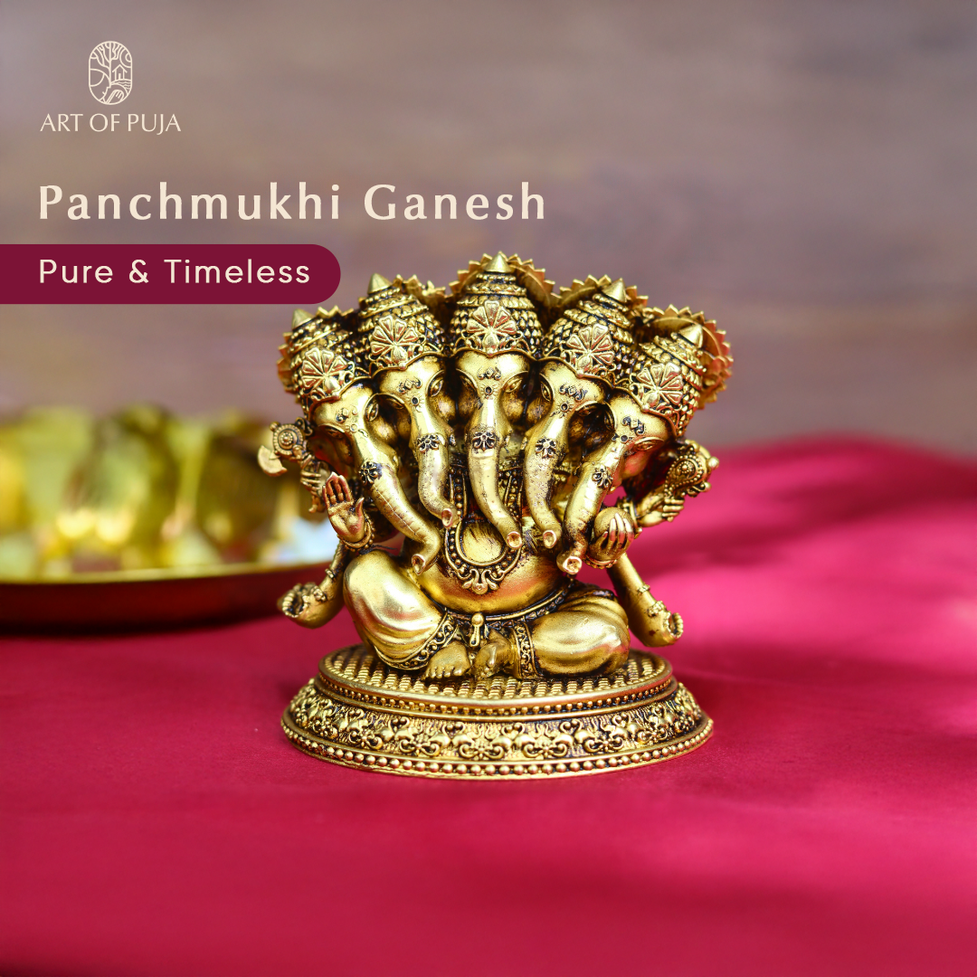 Brass Panchmukhi Ganesha Idol | Five-Faced Ganpati Statue for Puja, Home Temple, Vastu & Prosperity | 4.5 inch