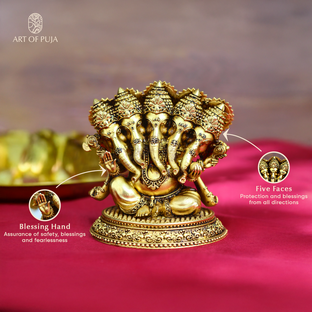Brass Panchmukhi Ganesha Idol | Five-Faced Ganpati Statue for Puja, Home Temple, Vastu & Prosperity | 4.5 inch
