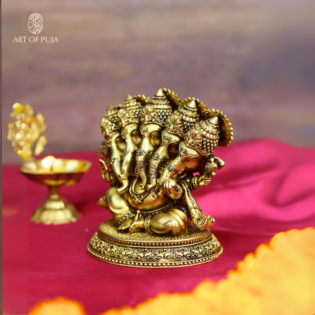 Brass Panchmukhi Ganesha Idol | Five-Faced Ganpati Statue for Puja, Home Temple, Vastu & Prosperity | 4.5 inch
