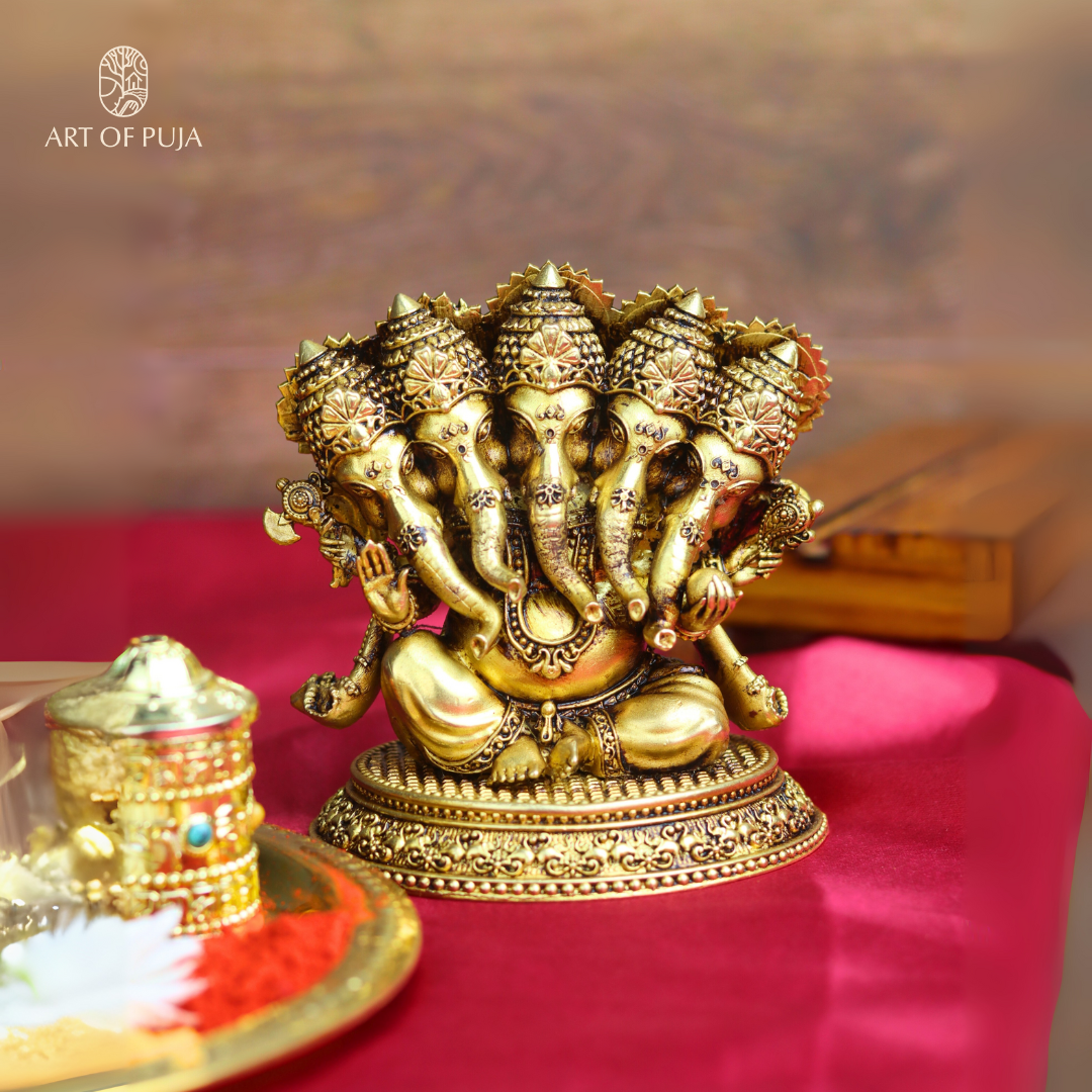 Brass Panchmukhi Ganesha Idol | Five-Faced Ganpati Statue for Puja, Home Temple, Vastu & Prosperity | 4.5 inch