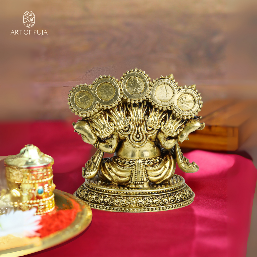 Brass Panchmukhi Ganesha Idol | Five-Faced Ganpati Statue for Puja, Home Temple, Vastu & Prosperity | 4.5 inch