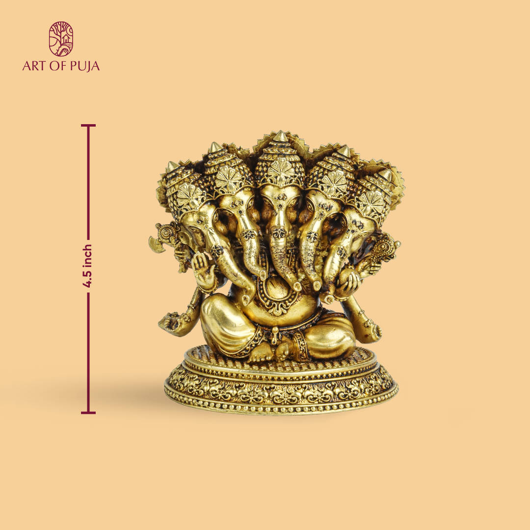 Brass Panchmukhi Ganesha Idol | Five-Faced Ganpati Statue for Puja, Home Temple, Vastu & Prosperity | 4.5 inch