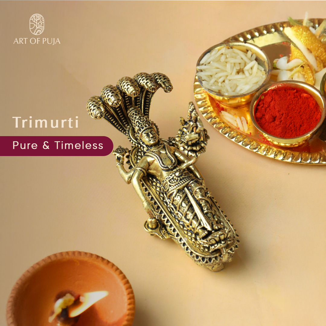 Brass Trimurti Idol – Vishnu, Brahma & Shivling Statue | Hindu Puja Idol for Home Temple & Gifting