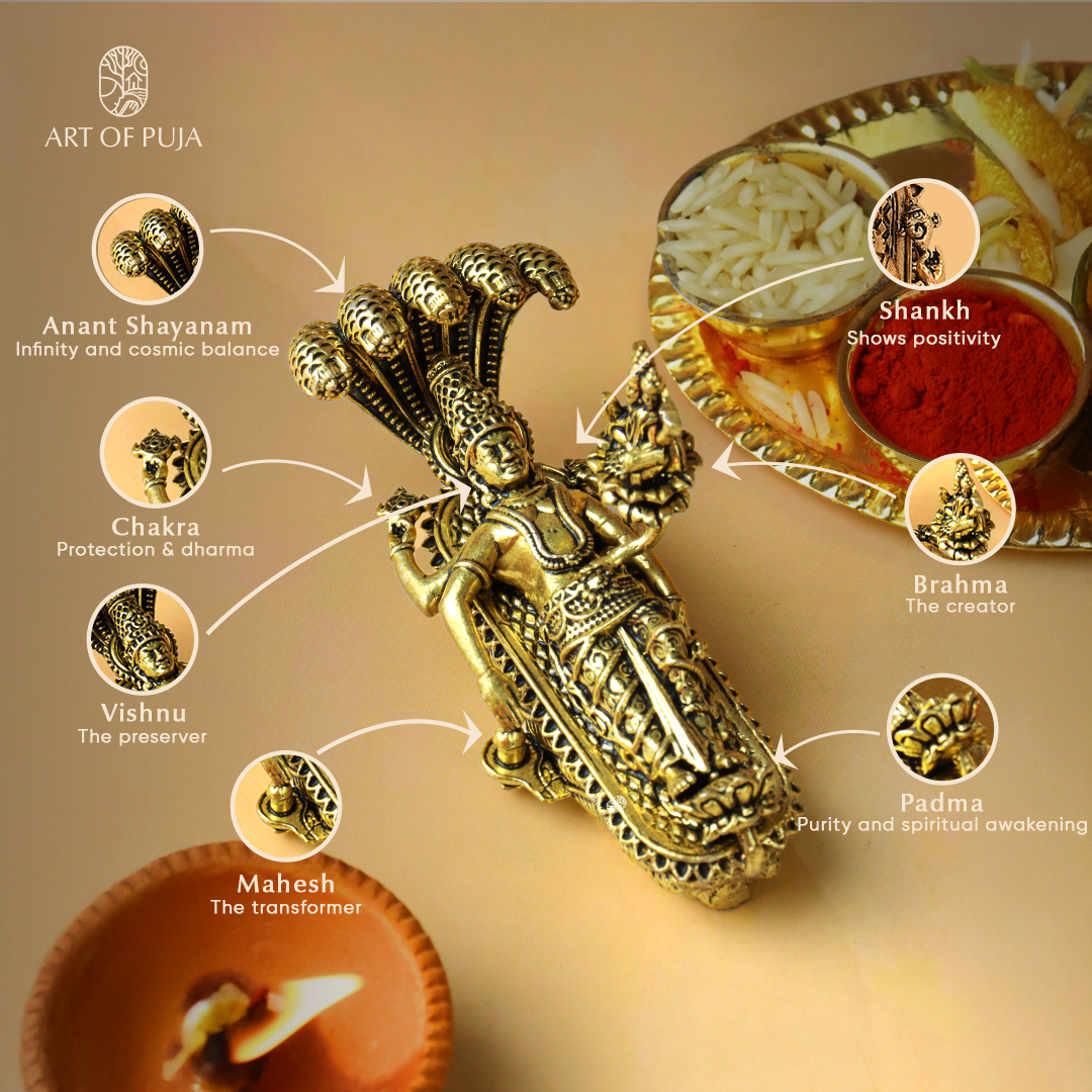 Brass Trimurti Idol – Vishnu, Brahma & Shivling Statue | Hindu Puja Idol for Home Temple & Gifting