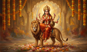 Maa Katyayani Puja Vidhi for Navratri Day 6. Authentic golden goddess idol on a lion, surrounded by fresh orange and yellow marigold garlands, honey bhog, fruits, and a burning oil lamp (diya) on a traditional altar.
