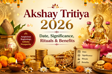 A golden festive banner showing “Akshay Tritiya 2026” with Goddess Lakshmi, gold coins, diya, and flowers symbolizing prosperity.