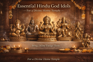 A warm, temple-style scene showing several brass Hindu god idols placed on a decorated platform. The idols include Lord Ganesha, Lord Shiva, Goddess Lakshmi, Goddess Durga, Lord Krishna, and Lord Hanuman.