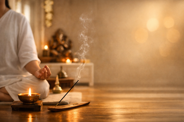 A peaceful indoor meditation scene with a person sitting calmly, incense smoke rising, and a lit diya creating a warm and spiritual environment.