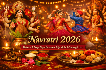 Navratri 2026 celebration with Goddess Durga, garba dancers and pooja samagri including diya, incense sticks and prasad