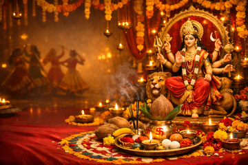 Navratri puja vidhi at home with Goddess Durga idol, kalash, diya and traditional Navratri puja thali decorated with marigold flowers and rangoli.”