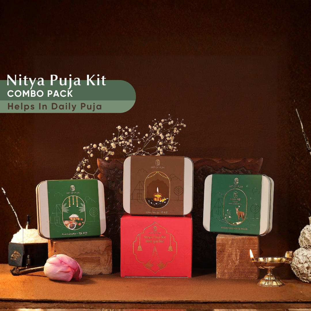 Nitya Puja Kit Combo Pack | Ghee Wicks, Pure Camphor & Kasturi Bamboo Incense Sticks for Daily Puja