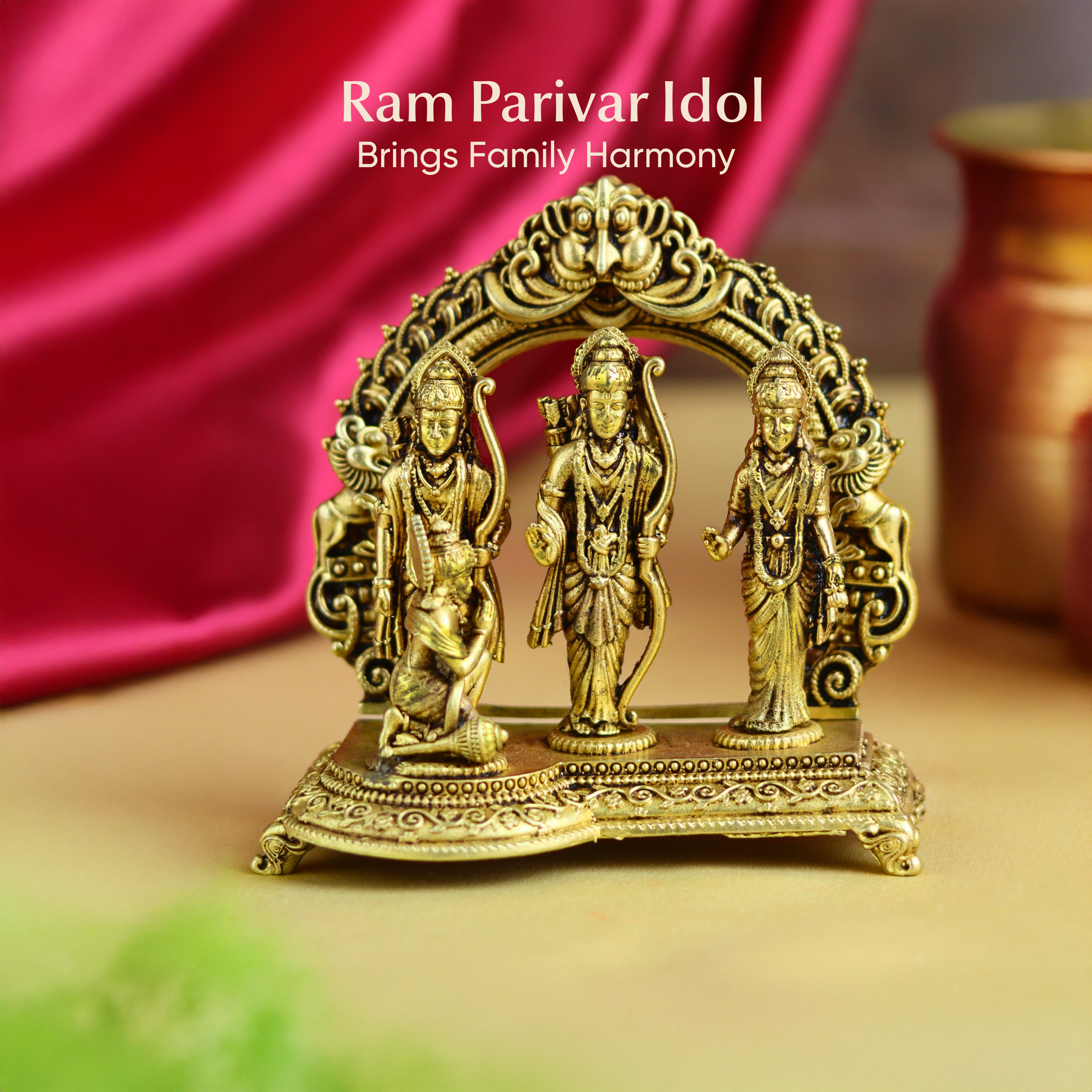 Brass Ram Parivar Idol – Ram, Sita, Lakshman & Hanuman for Dharma, Devotion & Family Harmony