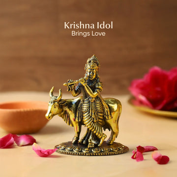 Brass Krishna with Cow Idol | Lord Krishna Murti Playing Flute with Nandi | Spiritual Statue for Puja, Home Temple & Gifting | 3 inch