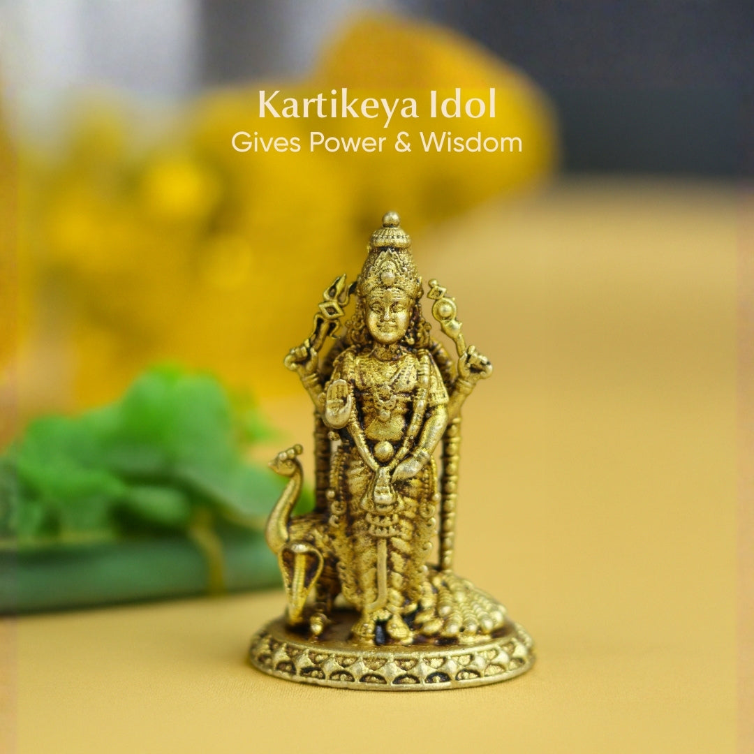 Brass Kartikeya Idol – Lord Murugan with Peacock 2-inch| Symbol of Power & Wisdom