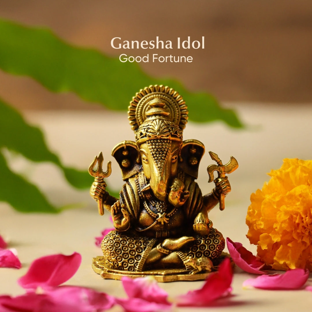 Brass Ganesh Ji Idol | Ganesha Murti with Trishul, Modak & Mushak | Vighnaharta Statue for Puja, Vastu & Prosperity | 2 inch