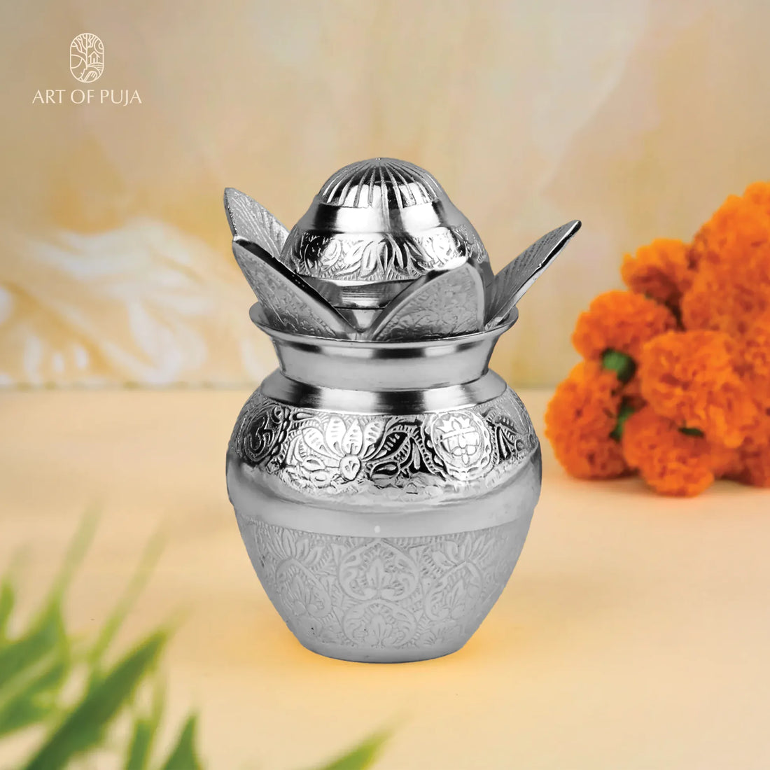 Silver Kalash with Nariyal An Eternal Symbol of Purity, Prosperity & Divine Grace 6.3 inch