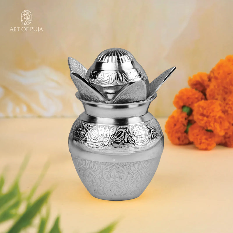 Silver Finish Kalash with Nariyal An Eternal Symbol of Purity, Prosperity & Divine Grace 6.3 inch