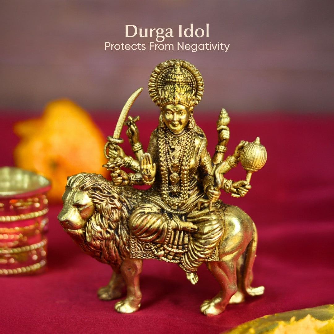 Brass Durga Idol on Lion | Maa Durga Statue for Navratri Puja, Home Temple & Gifting | 4.5 inch