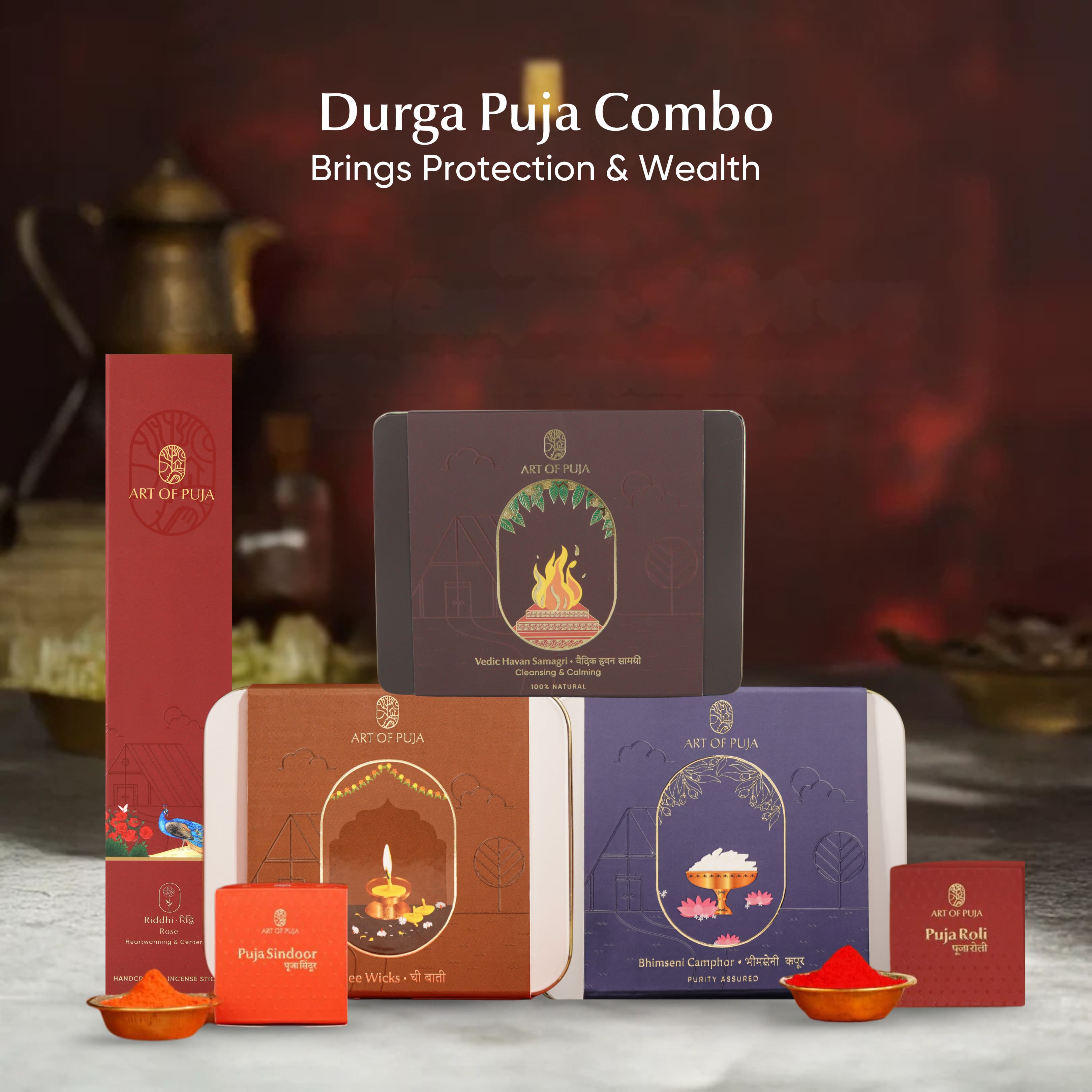 Durga Puja Combo |  Ghee Wicks, Vedic Havan Samagri, Rose Incense, Bhimseni Camphor, Puja Roli & Sindoor