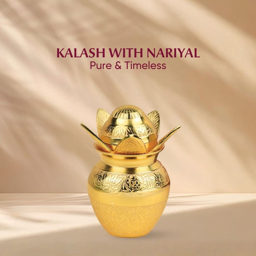 Brass Kalash with Nariyal & Lotus Leaves Lid   A Symbol of Shubh Aagman 6.3 inch
