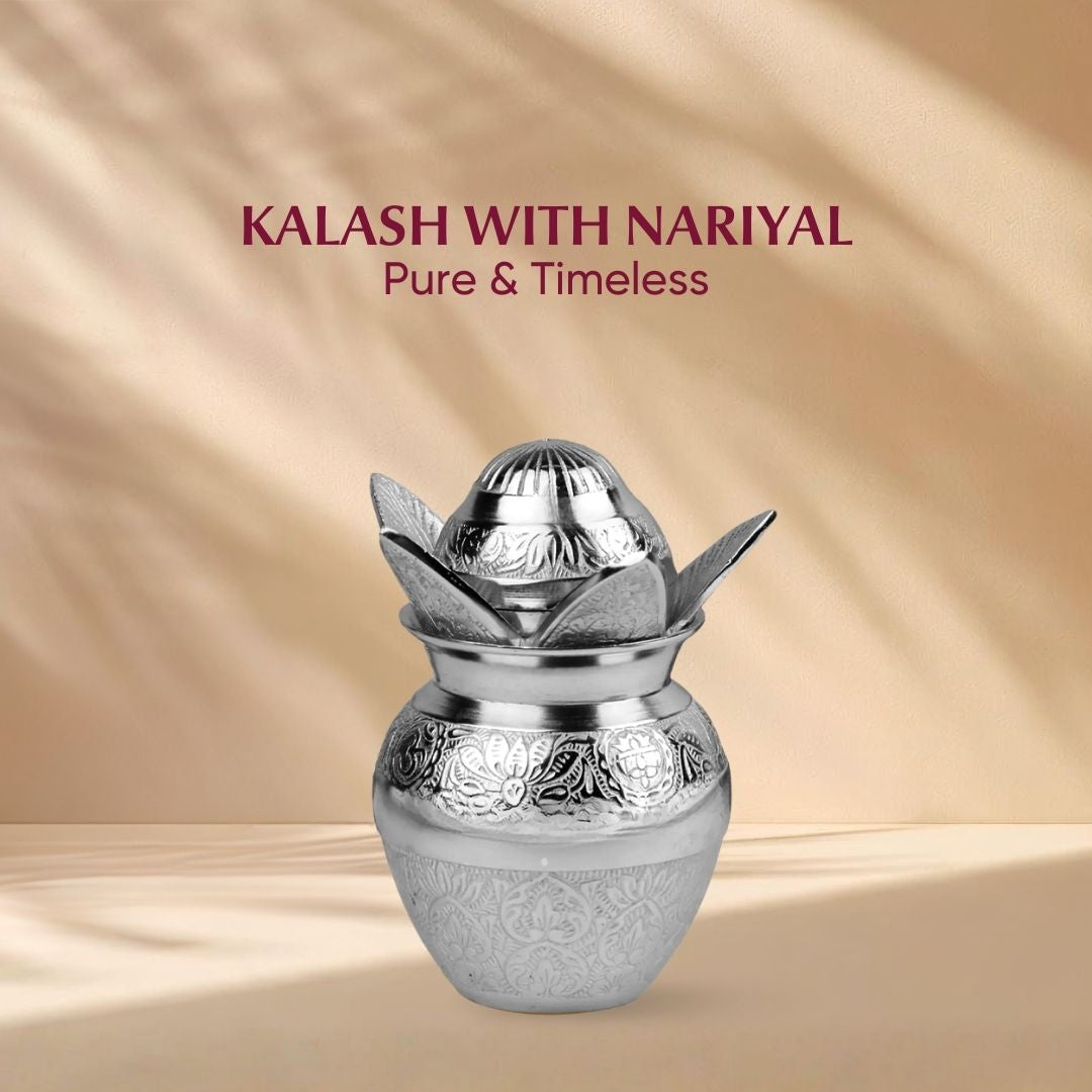Silver Kalash with Nariyal An Eternal Symbol of Purity, Prosperity & Divine Grace 6.3 inch