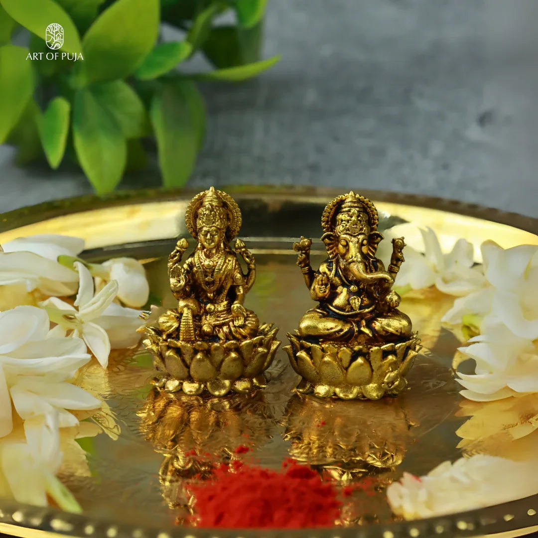 Brass Lakshmi Ganesha Idol Set –  Divine Pair for Puja, Gifting & Good Fortune { 2 inches }