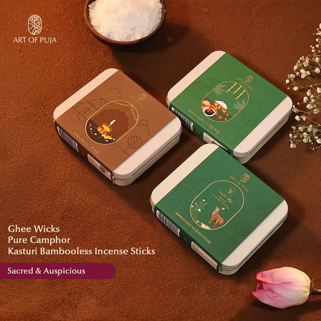 Nitya Puja Kit Combo Pack | Ghee Wicks, Pure Camphor & Kasturi Bamboo Incense Sticks for Daily Puja