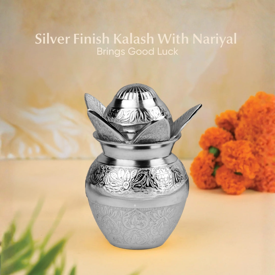 Silver Finish Kalash with Nariyal An Eternal Symbol of Purity, Prosperity & Divine Grace 6.3 inch