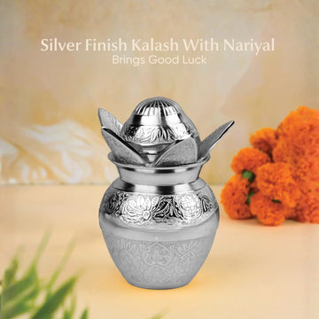 Silver Finish Kalash with Nariyal An Eternal Symbol of Purity, Prosperity & Divine Grace 6.3 inch
