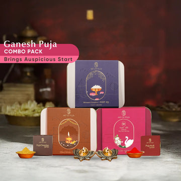 Ganesh Puja Combo | Ghee Wicks, Brass Diyas, Jasmine Incense, Bhimseni Camphor, Puja Roli & Chandan