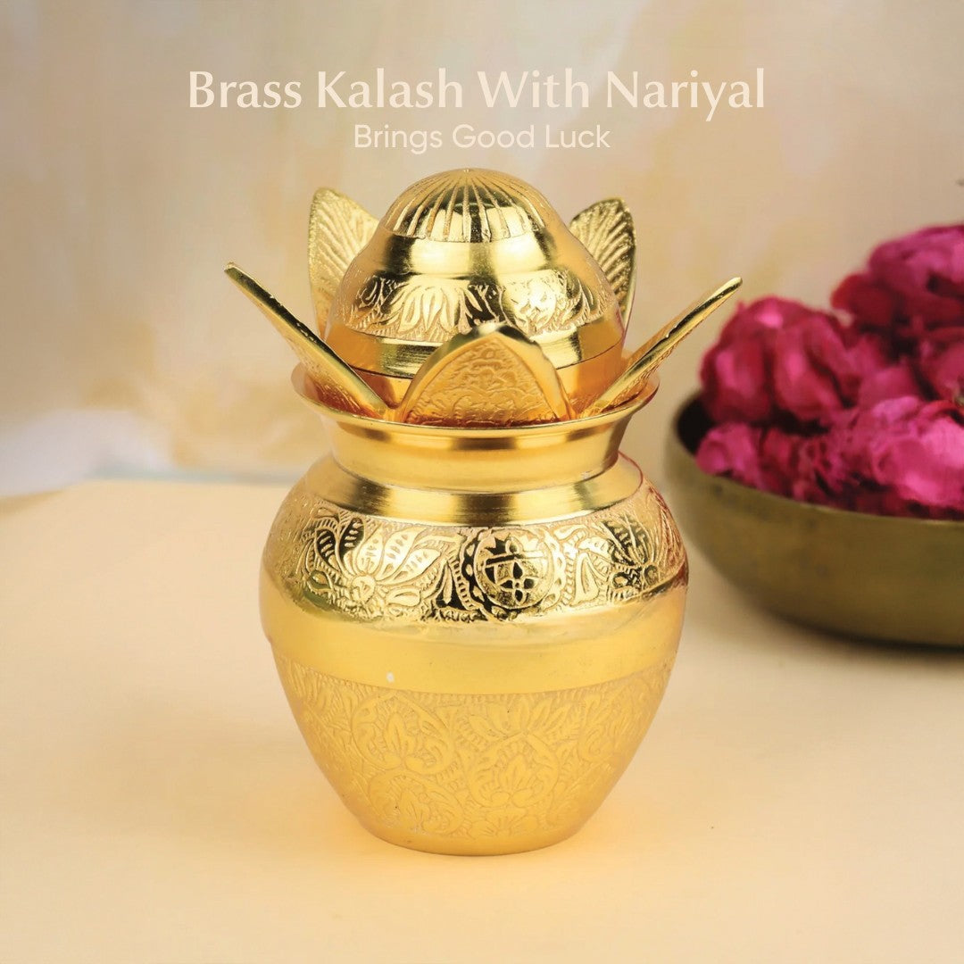Gold Finish Kalash with Nariyal & Lotus Leaves Lid   A Symbol of Shubh Aagman 6.3 inch