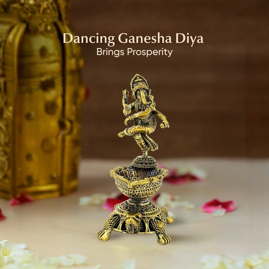 Brass Ganpati Diya | Dancing Ganesha with Kurma Base | Spiritual Oil Lamp for Puja, Vastu & Home Temple | 3.5 inch