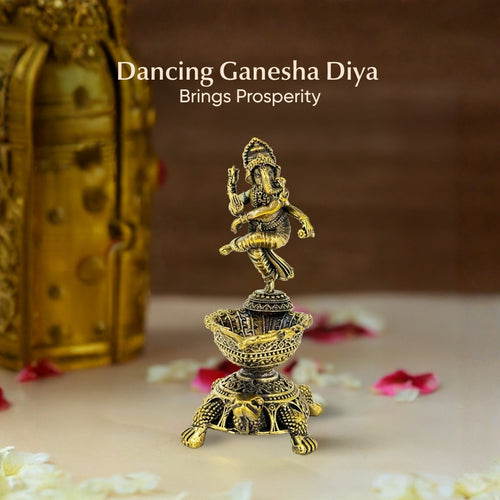 Brass Ganpati Diya | Dancing Ganesha with Kurma Base | Spiritual Oil Lamp for Puja, Vastu & Home Temple | 3.5 inch