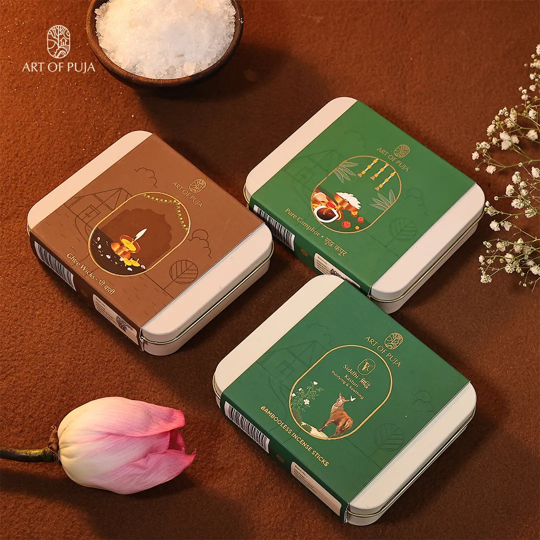 Nitya Puja Kit Combo Pack | Ghee Wicks, Pure Camphor & Kasturi Bamboo Incense Sticks for Daily Puja