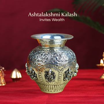 Ashtalakshmi Kalash – 100% Pure Silver Finish | Handcrafted Puja Kalash (5.6 Inch)