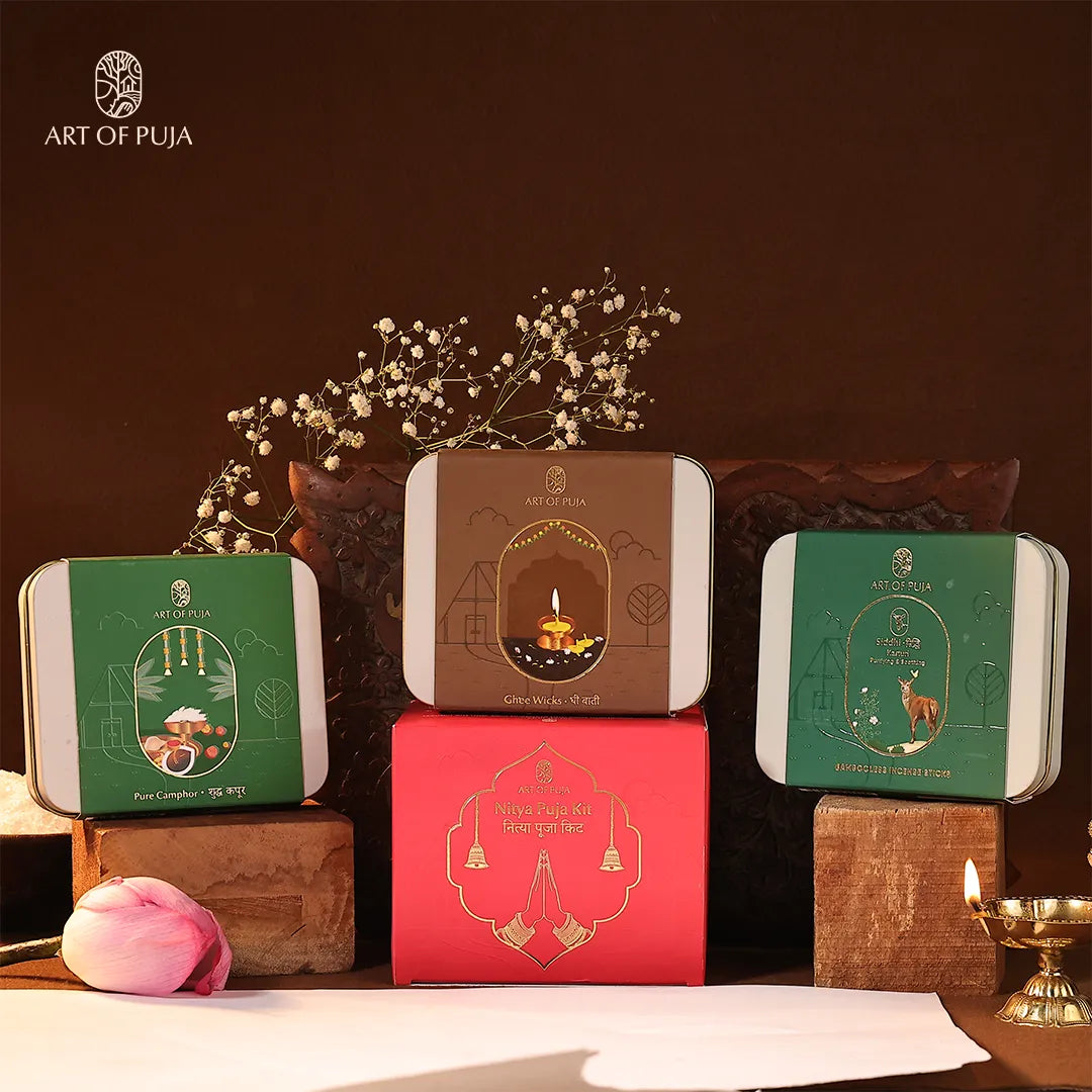 Nitya Puja Kit Combo Pack | Ghee Wicks, Pure Camphor & Kasturi Bamboo Incense Sticks for Daily Puja