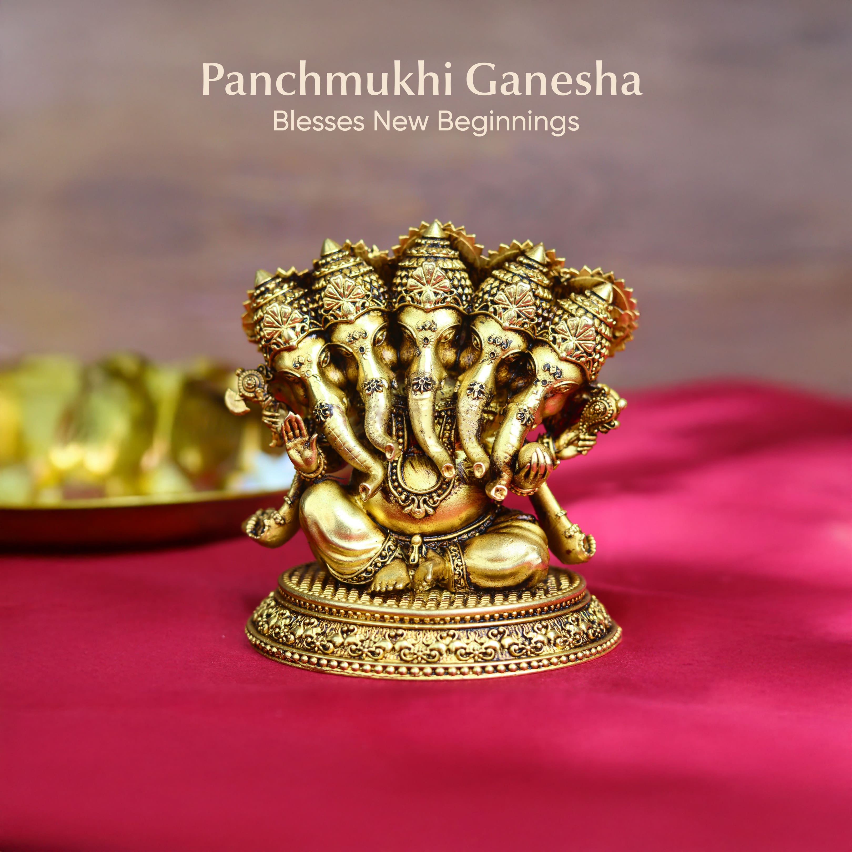 Brass Panchmukhi Ganesha Idol | Five-Faced Ganpati Statue for Puja, Home Temple, Vastu & Prosperity | 4 inch
